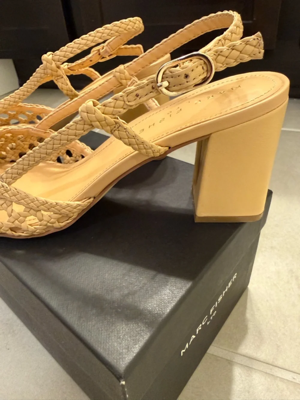 Marc Fisher Woven Slingback Block Heels in Tan